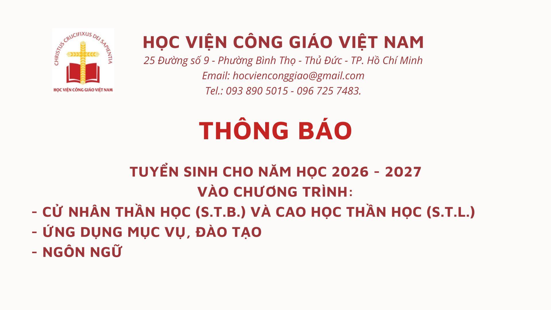 Học viện Công giáo Việt Nam thông báo tuyển sinh chương trình thần học, mục vụ và ngôn ngữ năm 2026